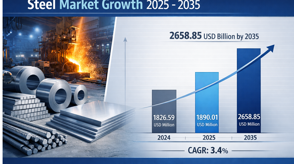 Steel Market is Projected to Grow from USD 1,890.01 Billion in 2025 to USD 2,658.85 Billion by 2035, at a CAGR of 3.47%