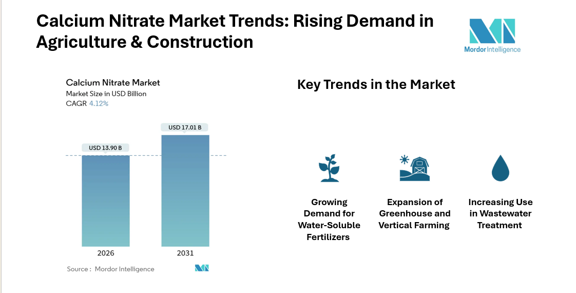 Calcium Nitrate Market Growth at 4.12% CAGR, Global Revenue to be at USD 17.01 Billion by 2031 | Mordor Intelligence